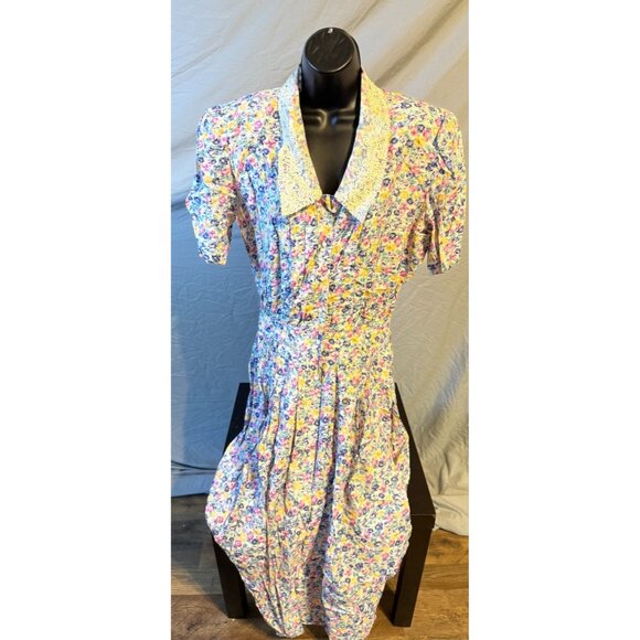 Vintage Karin Stevens Floral 80s Style Office Dress Womens 14 Large Shoulder Pad - Picture 1 of 3
